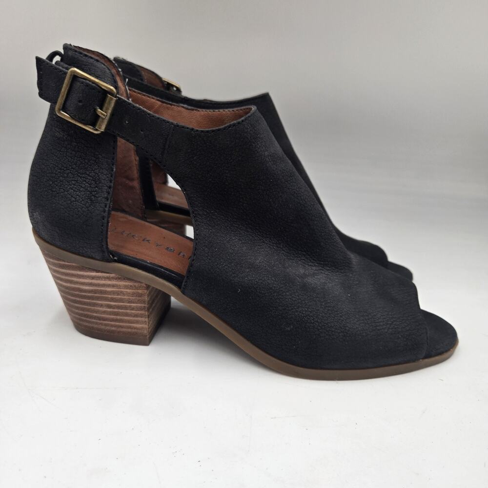 Lucky Brand Barimo Black Leather Stacked Heel Buckle Sandals Booties Size 7 M